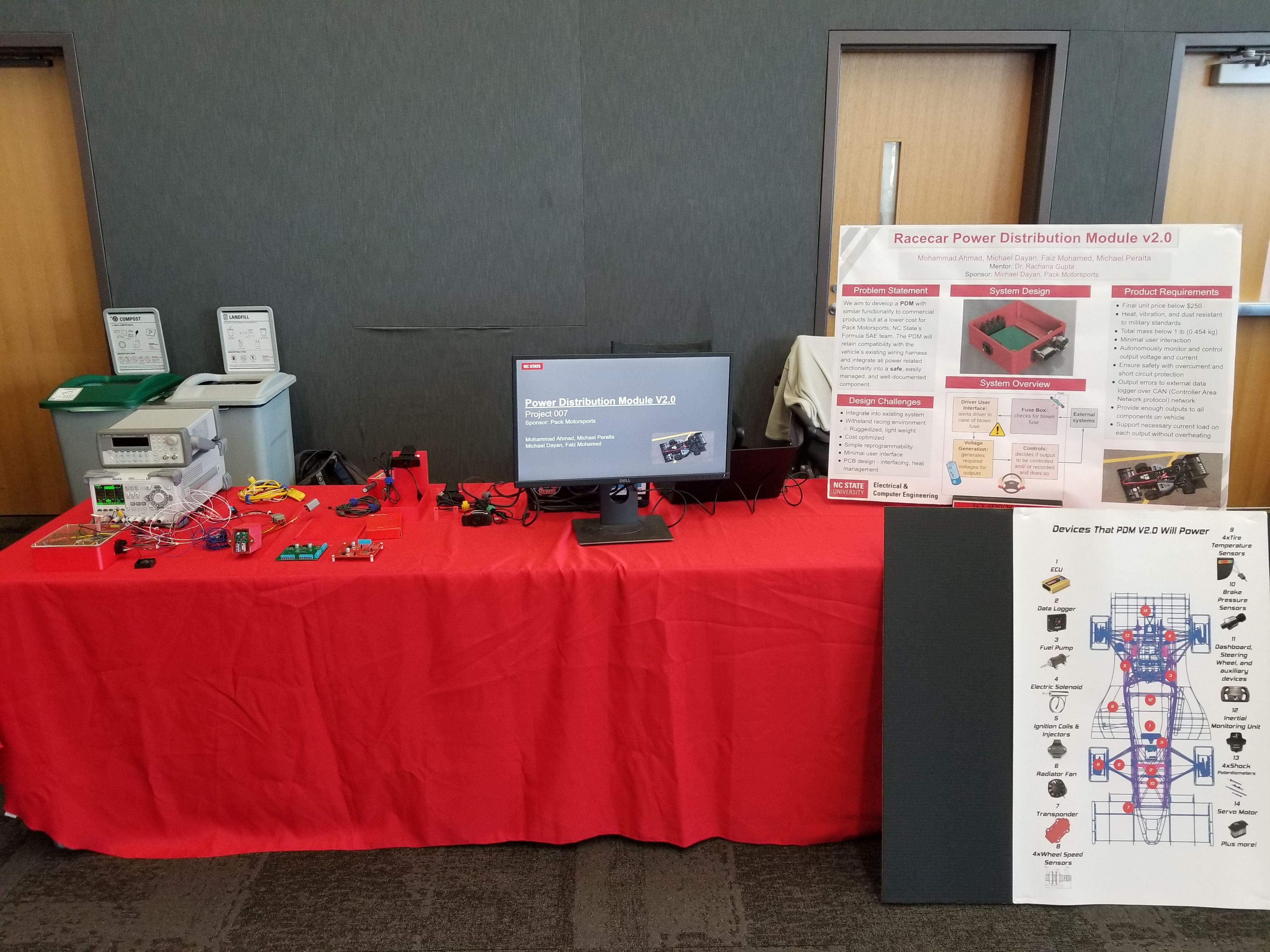 Picture of the display my group had on design day. On the left is the power distribution module